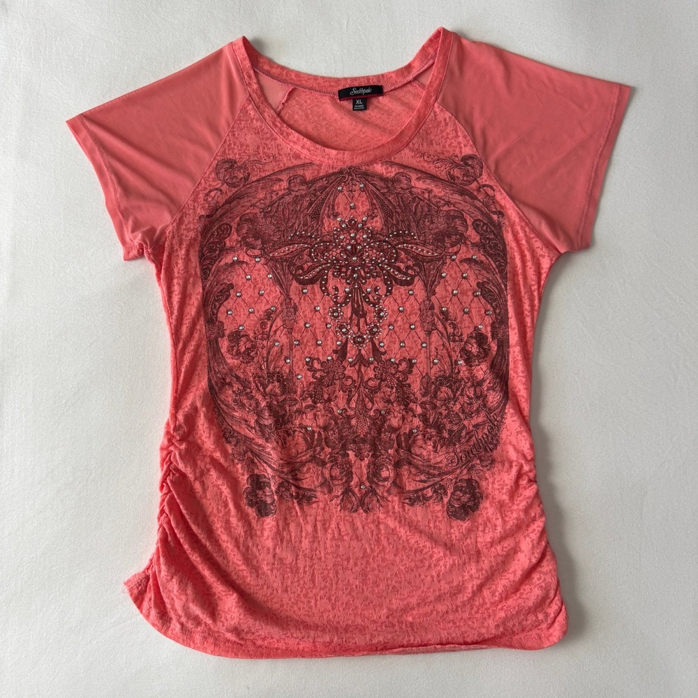 Southpole Pink Burnout Rhinestone Graphic Ruched Mesh Sleeve Top XL Y2K McBling